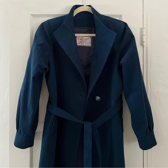 Vintage Hong Kong dark teal blue microsuede long wrap coat trench coat Medium - Picture 6 of 15